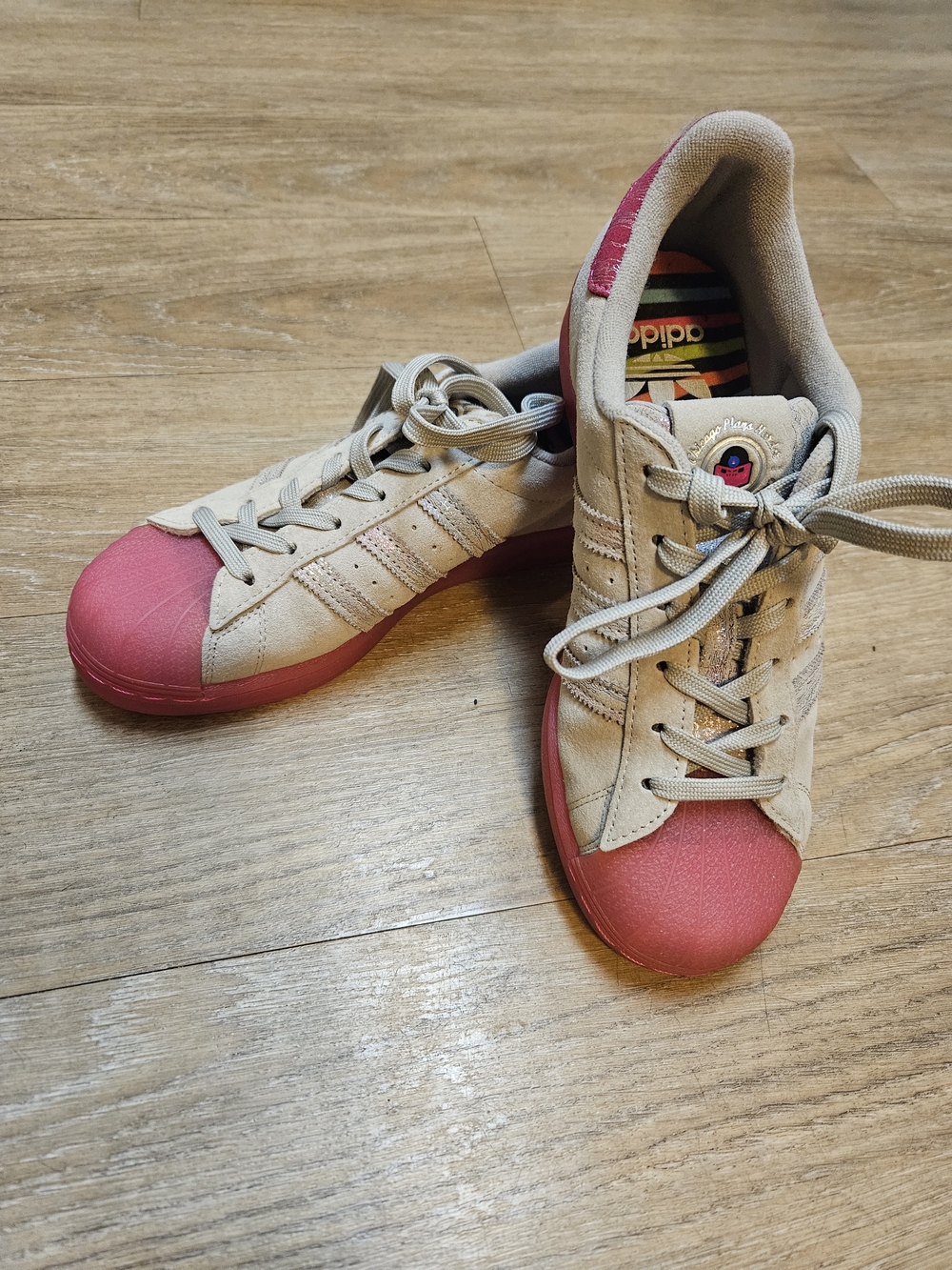 Adidas Beige Suede Sneakers with Pink Toe Cap